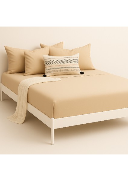 %100 Pamuk Lastikli Çarşaf Çift Kişilik Fitted Çarşaf Takımı 160X200 Cm, 2 Adet Yastık Kılıfı, Bej modelleri