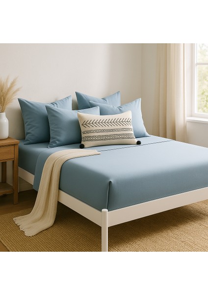 %100 Pamuk Lastikli Çarşaf Çift Kişilik Fitted Çarşaf Takımı 160X200 Cm, 2 Adet Yastık Kılıfı, Mavi