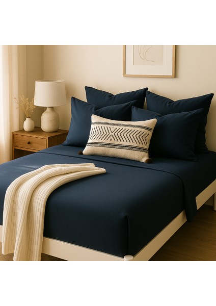 %100 Pamuk Lastikli Çarşaf Çift Kişilik Fitted Çarşaf Takımı 160X200 Cm, 2 Adet Yastık Kılıfı, Lacivert fiyatları