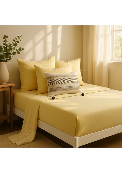 %100 Pamuk Lastikli Çarşaf Çift Kişilik Fitted Çarşaf Takımı 160X200 Cm, 2 Adet Yastık Kılıfı, Sarı