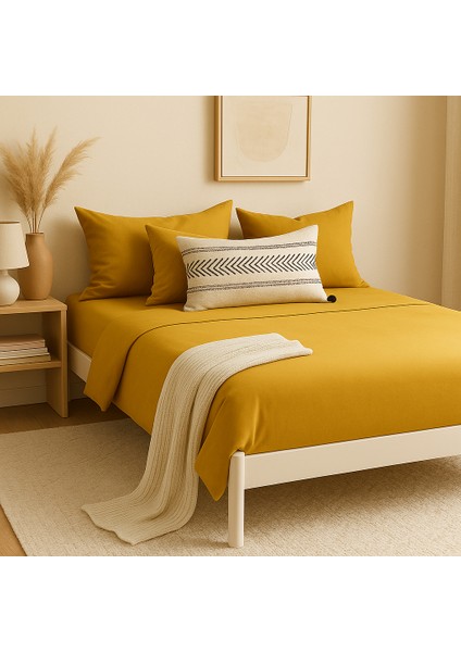 %100 Pamuk Lastikli Çarşaf Çift Kişilik Fitted Çarşaf Takımı 160X200 Cm, 2 Adet Yastık Kılıfı, Hardal