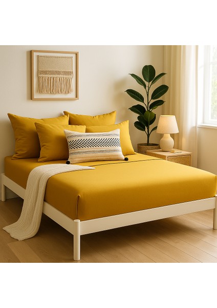 %100 Pamuk Lastikli Çarşaf Çift Kişilik Fitted Çarşaf Takımı 160X200 Cm, 2 Adet Yastık Kılıfı, Hardal fırsatları