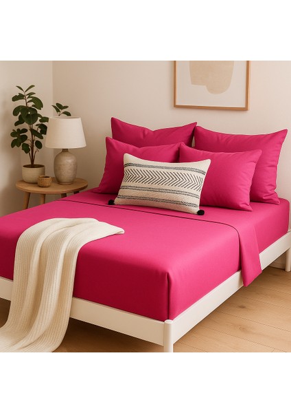 %100 Pamuk Lastikli Çarşaf Çift Kişilik Fitted Çarşaf Takımı 160X200 Cm, 2 Adet Yastık Kılıfı, Fuşya fiyatları