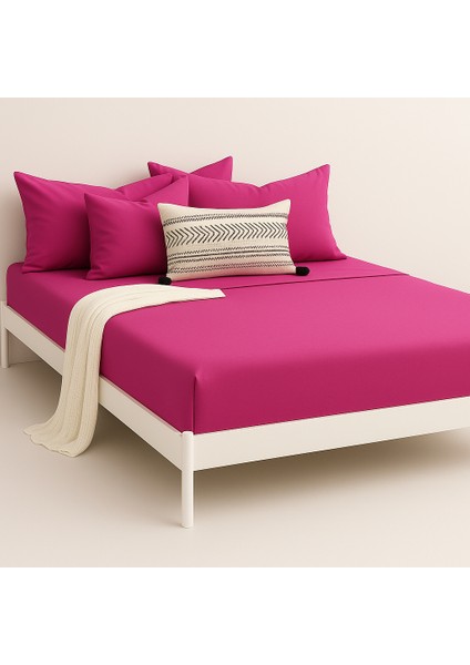 %100 Pamuk Lastikli Çarşaf Çift Kişilik Fitted Çarşaf Takımı 160X200 Cm, 2 Adet Yastık Kılıfı, Fuşya modelleri