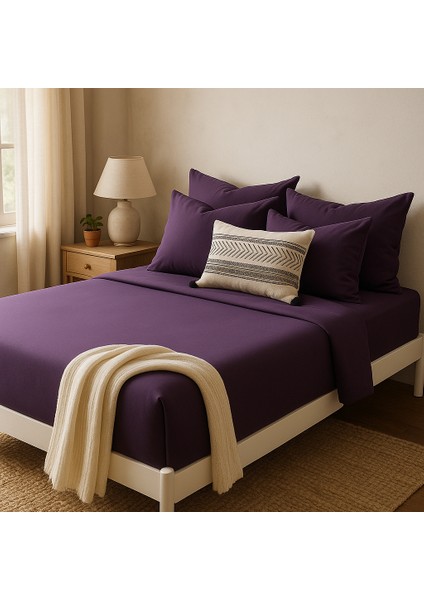 %100 Pamuk Lastikli Çarşaf Çift Kişilik Fitted Çarşaf Takımı 160X200 Cm, 2 Adet Yastık Kılıfı, Mor