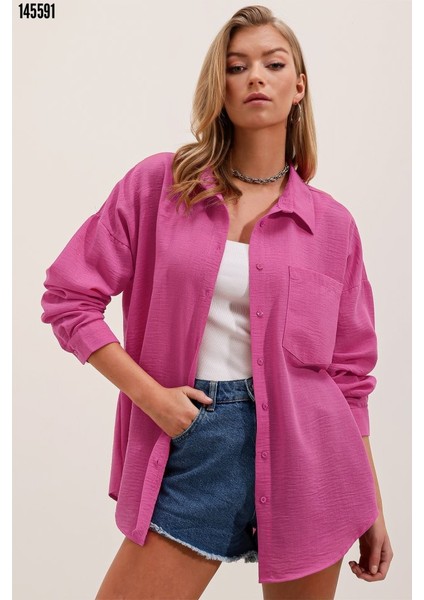 Tek Cepli Oversize Keten Gömlek - Afuşya
