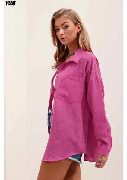Tek Cepli Oversize Keten Gömlek - Afuşya