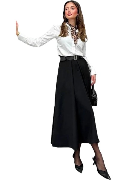 Kemerli Maxi Siyah Elbise-Siyah