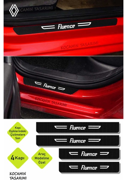 Siyah Karbon Renault Fluence Kapı Eşiği Dekoratif Beyaz Yazılı Kapı Koruyucu 4 Parça Set Renault Fluence Yazılı indirimleri