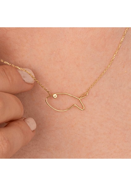 Gümüş Kolye - Tatliş Minimal Balık Pırlanta (Signity) Taşlı Gözlü Tasarım 925 Ayar Gümüş Kolye