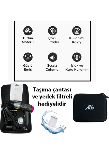 14000pa Güçlü Portatif 2 Kademeli Tasinabilir Vakumlu Kablosuz Üflemeli Mini Araç Süpürgesi SW-103