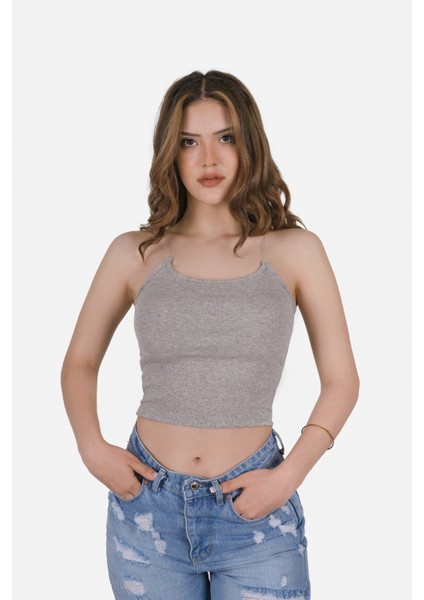 Kadın Şeffaf Askılı Gri Kaşkorse Yazlık Şık Body Crop