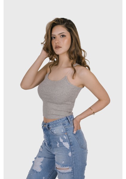 Kadın Şeffaf Askılı Gri Kaşkorse Yazlık Şık Body Crop