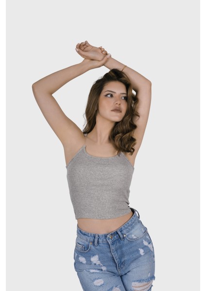 Kadın Şeffaf Askılı Gri Kaşkorse Yazlık Şık Body Crop