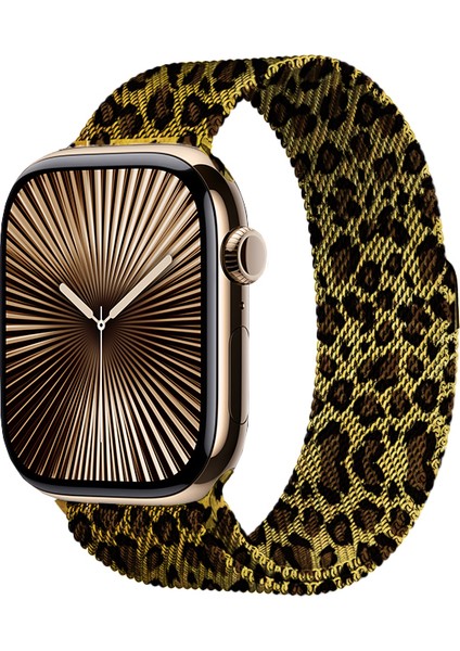 Apple Watch 38MM Leopar Desenli Mıknatıslı Metal Tel-Örgü Işlemeli Kordon