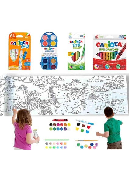 Carioca 4'lü Boyama Seti + Lino Yapışkanlı Boyama Kağıdı 200X30 cm Anımal Paradıse
