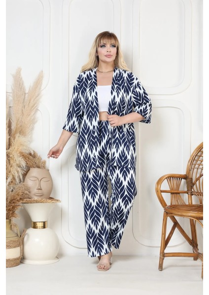 Desenli Kimono Hırkalı 2li Alt Üst Takım Bürümcük Kumaş Yazlık 2xl-6xl Oversize