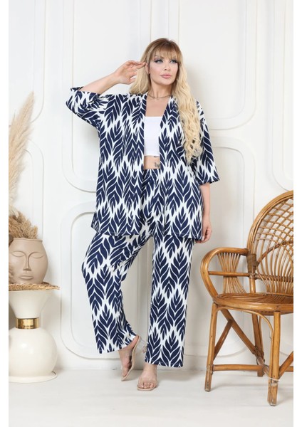 Desenli Kimono Hırkalı 2li Alt Üst Takım Bürümcük Kumaş Yazlık 2xl-6xl Oversize modelleri