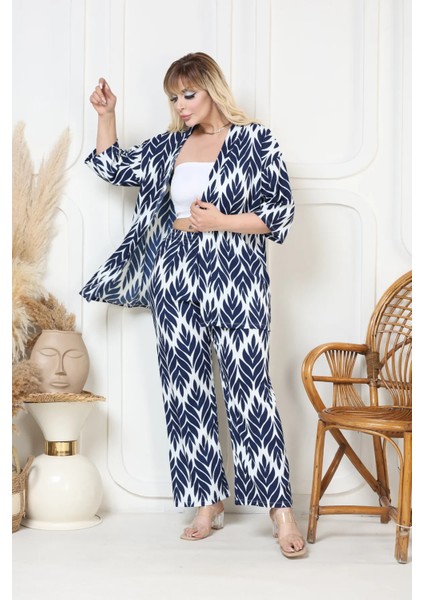 Desenli Kimono Hırkalı 2li Alt Üst Takım Bürümcük Kumaş Yazlık 2xl-6xl Oversize fırsatları