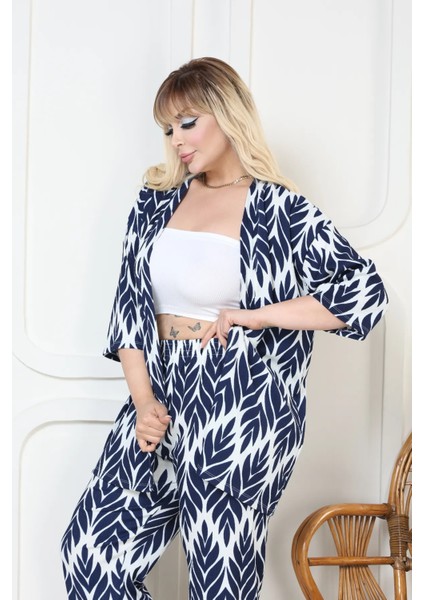 Desenli Kimono Hırkalı 2li Alt Üst Takım Bürümcük Kumaş Yazlık 2xl-6xl Oversize indirimleri