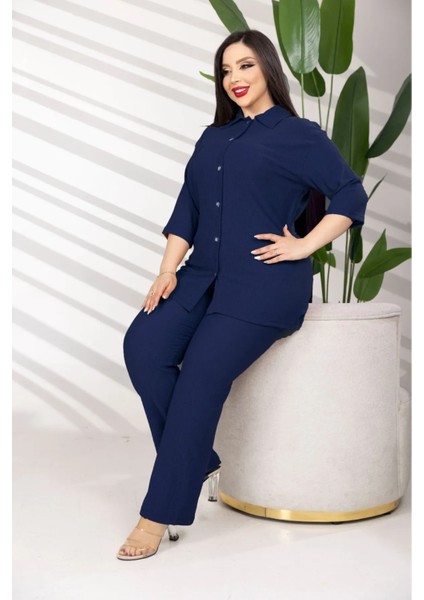 Bürümcük Düğmeli Yakalı ve Kemerli Geniş Pantolon Takımı