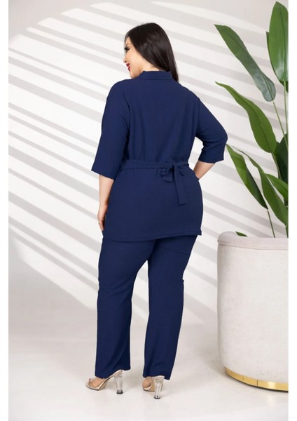 Bürümcük Düğmeli Yakalı ve Kemerli Geniş Pantolon Takımı modelleri