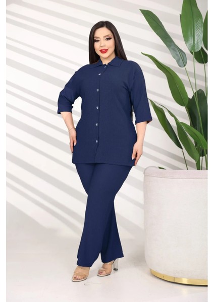 Bürümcük Düğmeli Yakalı ve Kemerli Geniş Pantolon Takımı fırsatları