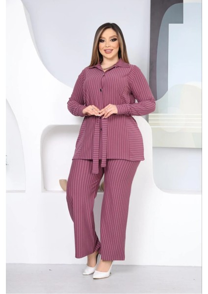 Çizgili Ispanyol Paça Pantolon Kemerli Takım Krep Kumaş