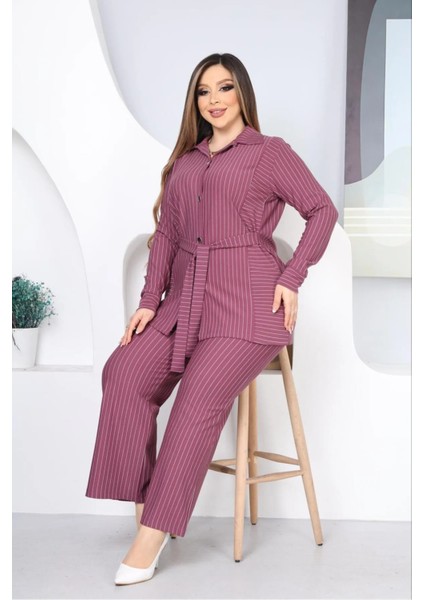 Çizgili Ispanyol Paça Pantolon Kemerli Takım Krep Kumaş modelleri