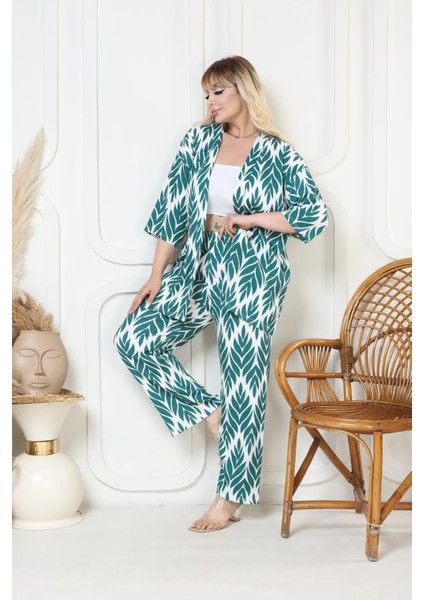 Desenli Kimono Hırkalı 2li Alt Üst Takım Bürümcük Kumaş Yazlık 2xl-6xl Oversize