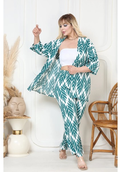 Desenli Kimono Hırkalı 2li Alt Üst Takım Bürümcük Kumaş Yazlık 2xl-6xl Oversize modelleri