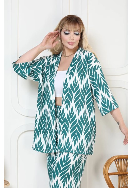 Desenli Kimono Hırkalı 2li Alt Üst Takım Bürümcük Kumaş Yazlık 2xl-6xl Oversize indirimleri