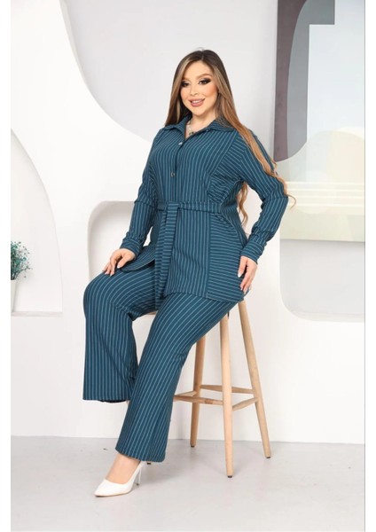 Çizgili Ispanyol Paça Pantolon Kemerli Takım Krep Kumaş