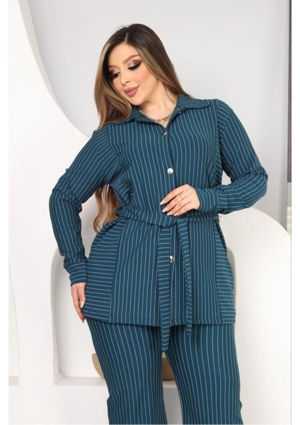 Çizgili Ispanyol Paça Pantolon Kemerli Takım Krep Kumaş modelleri