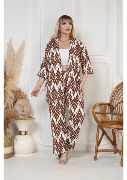 Desenli Kimono Hırkalı 2li Alt Üst Takım Bürümcük Kumaş Yazlık 2xl-6xl Oversize