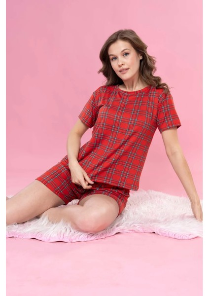 Kırmızı Ekose %100 Bambu Şort Takım Baskılı Rahat Takım