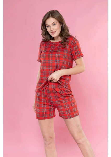 Kırmızı Ekose %100 Bambu Şort Takım Baskılı Rahat Takım modelleri