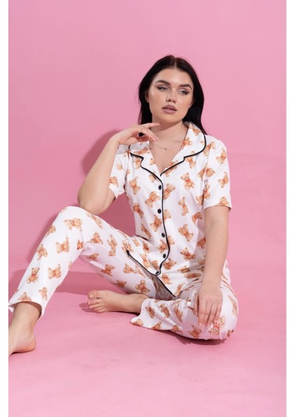 Ayıcık - Bürümcük Gömlek Yaka Düğmeli Pijama Takımı Geniş Kalıp