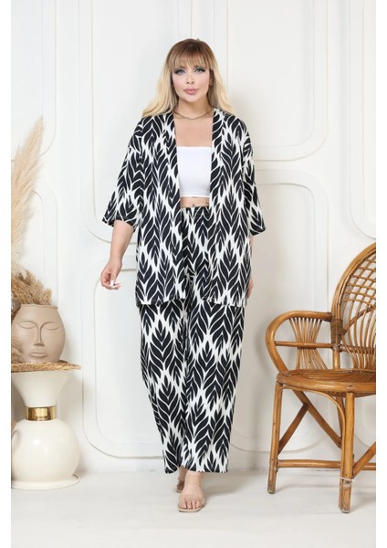 Desenli Kimono Hırkalı 2li Alt Üst Takım Bürümcük Kumaş Yazlık 2xl-6xl Oversize