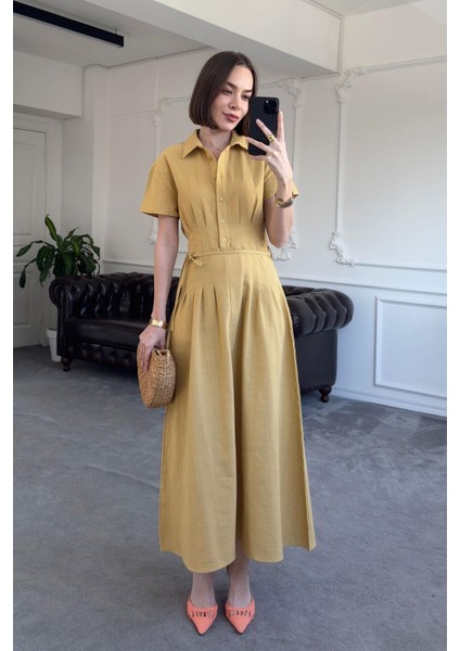 Magarde Kadın Beli Pileli Üstü Düğmeli Kısa Kollu Keten Görünümlü Uzun Elbise