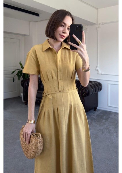 Magarde Kadın Beli Pileli Üstü Düğmeli Kısa Kollu Keten Görünümlü Uzun Elbise fiyatları