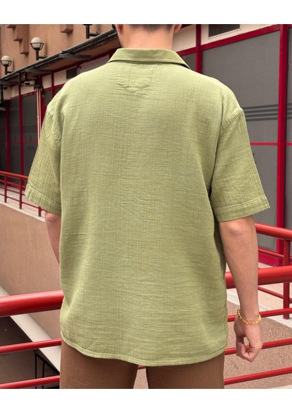 Erkek, Apaş Yaka, Oversize, %100 Pamuk, Müslin Dokuma, Kısa Kollu Gömlek G14