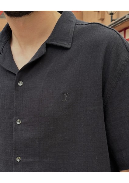 Erkek, Apaş Yaka, Oversize, %100 Pamuk, Müslin Dokuma, Kısa Kollu Gömlek G14