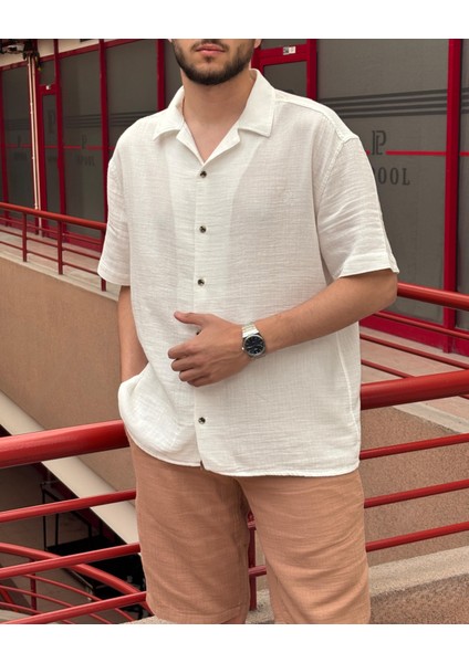 Erkek, apaş yaka, Oversize, %100 pamuk, Müslin dokuma, Kısa kollu gömlek G14
