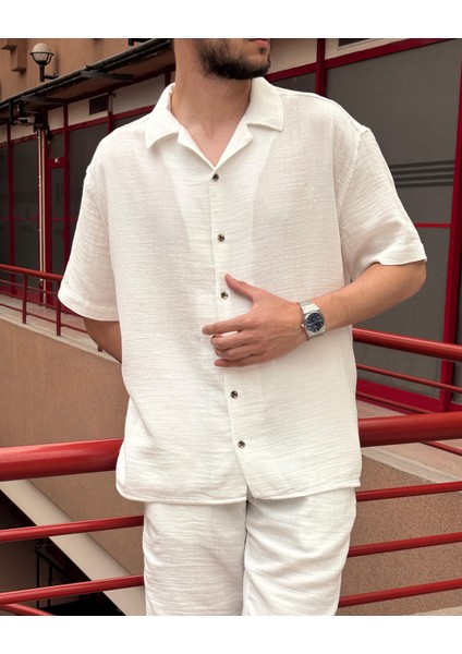 Erkek, apaş yaka, Oversize, %100 pamuk, Müslin dokuma, Kısa kollu gömlek G14 fiyatları