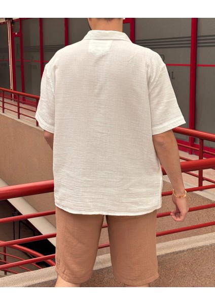 Erkek, apaş yaka, Oversize, %100 pamuk, Müslin dokuma, Kısa kollu gömlek G14 modelleri