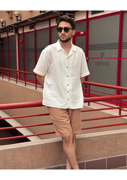 Erkek, apaş yaka, Oversize, %100 pamuk, Müslin dokuma, Kısa kollu gömlek G14 fırsatları