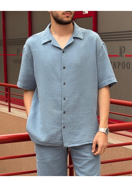 Erkek, apaş yaka, Oversize, %100 pamuk, Müslin dokuma, Kısa kollu gömlek G14