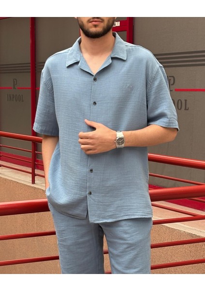 Erkek, apaş yaka, Oversize, %100 pamuk, Müslin dokuma, Kısa kollu gömlek G14 fiyatları
