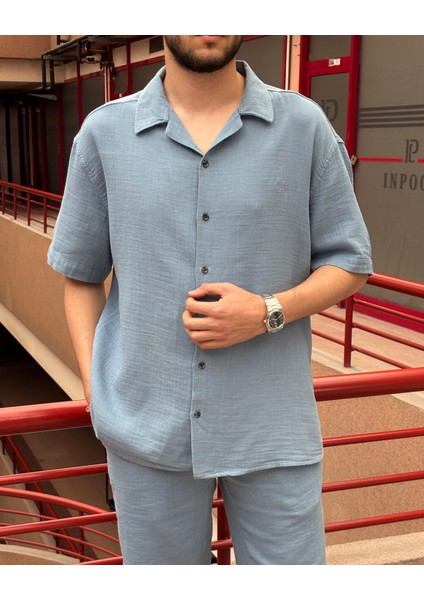 Erkek, apaş yaka, Oversize, %100 pamuk, Müslin dokuma, Kısa kollu gömlek G14 indirimleri
